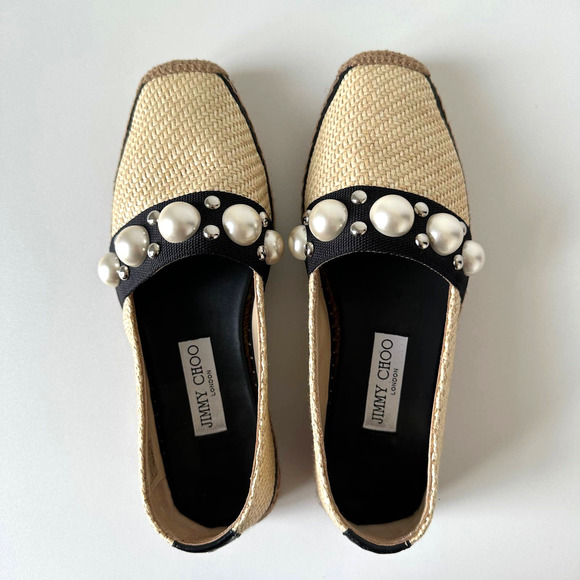 Jimmy Choo Dru Espadrilles Raffia Flats with Pearls in Natural/Black Size 37 - Picture 14 of 16